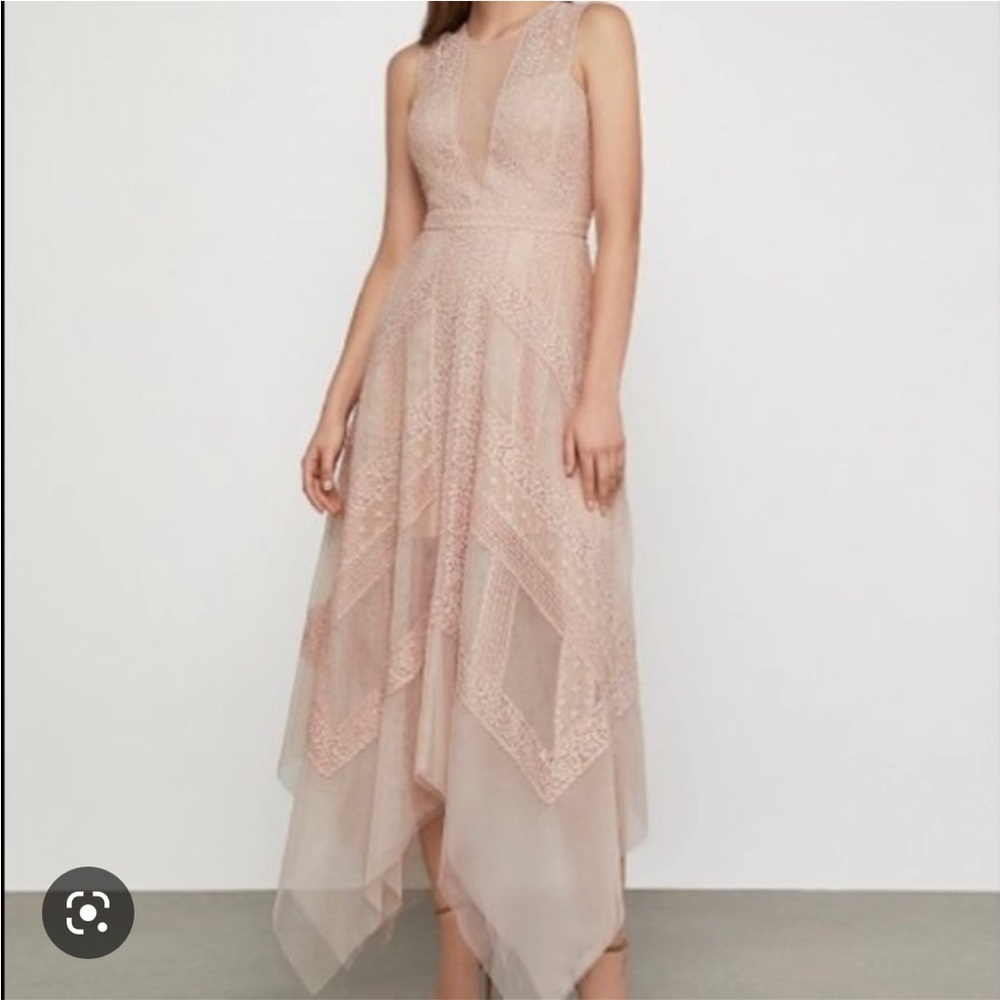 BCBG Andi Asymmetric Lace & Tulle Maxi Dress in Blush, 12